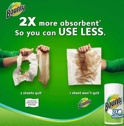 bounty paper towel comparative advertisement that reads "2x more absorbent so you can use less."