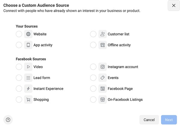 Facebook ads custom audience source.