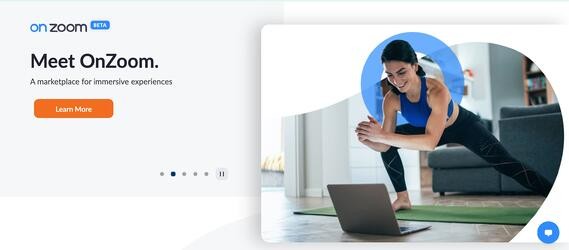 zoom homepage slider marketing message that reads "meet onzoom. a marketplace for immersive experiences."