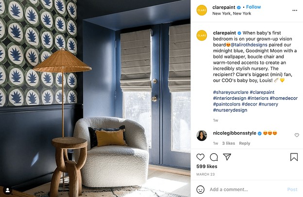 Clare paint's Instagram caption, demonstrating the brand's chic, professional brand voice.