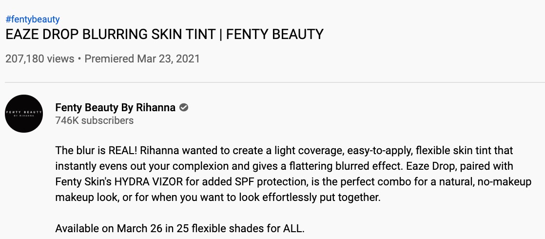 fenty beauty's youtube description, using casual brand voice.