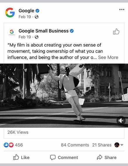 Google's Facebook page reposting a video post from the google small business Facebook page