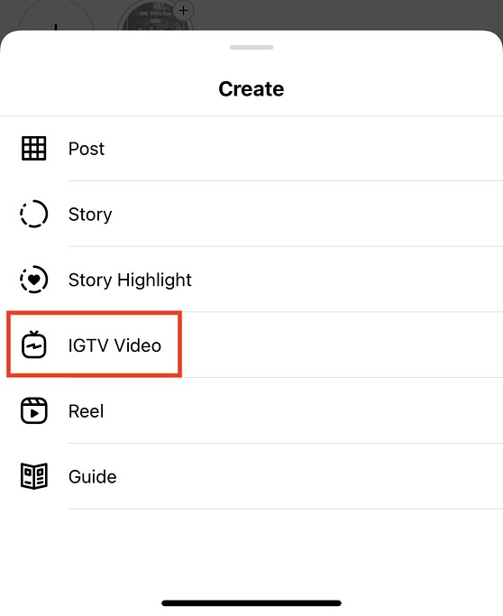 Create menu screen from instagram profile to upload an IGTV video