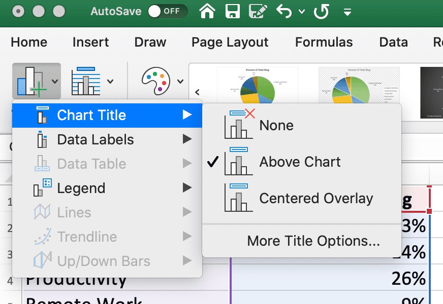 The chart title tool in excel to edit the placement of your title for your pie chart.