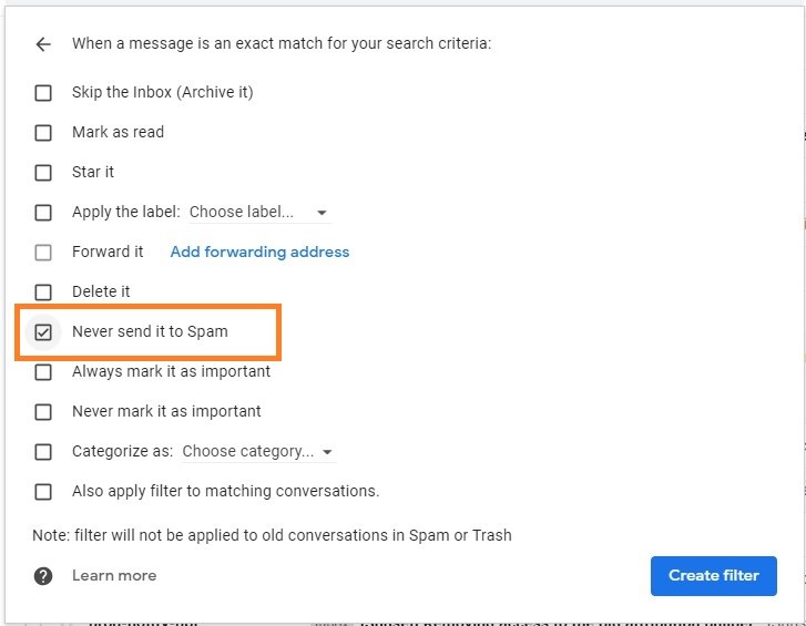 gmail never send to spam checkbox