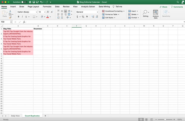 Excel sheet with duplicates counted.