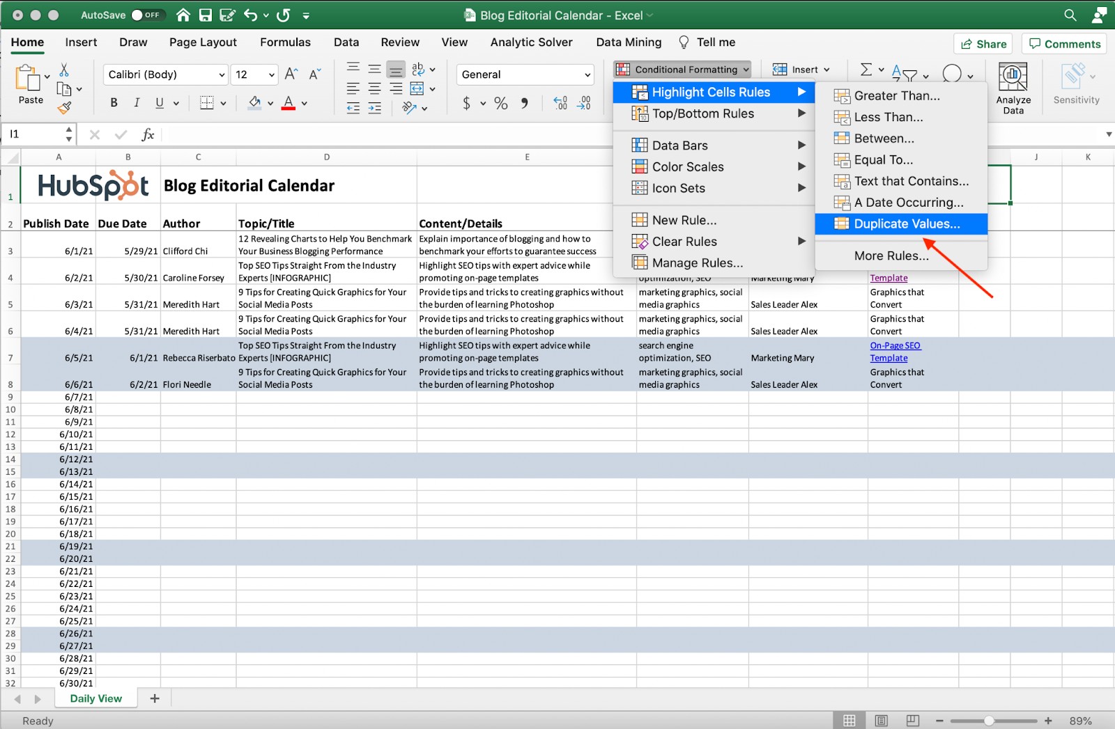 Screenshot of removing duplicate values in Excel.