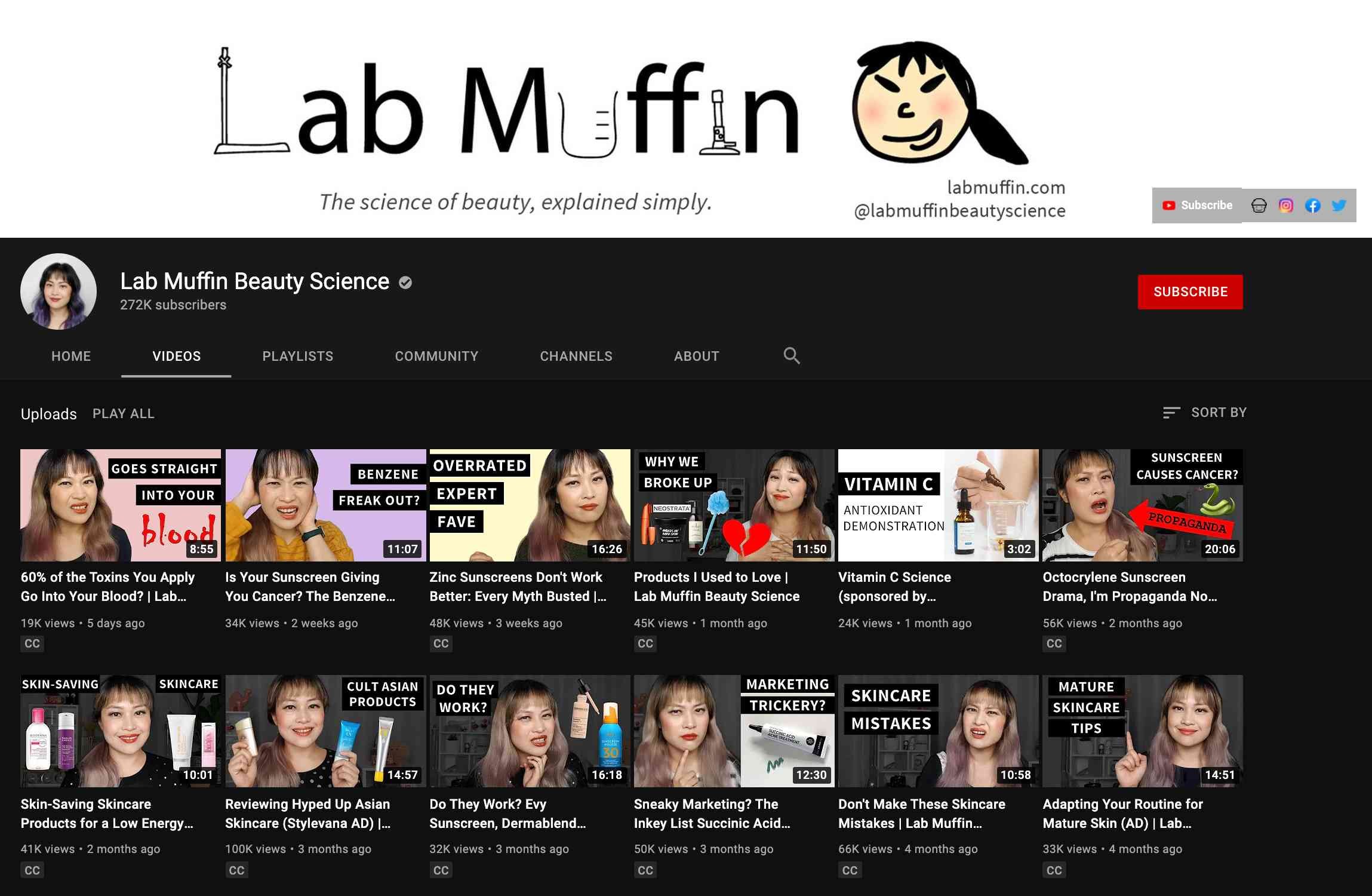 Lab Muffin Beauty Science youtube channel video list screen