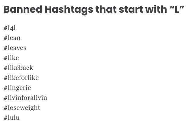 Banned hashtags starting with the letter l, which should be avoided or deleted to get unshadowbanned on Instagram