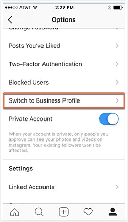 Switch to Business Profile option on Instagram mobile app
