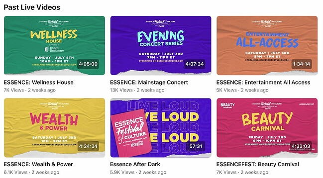 Facebook Page live video library from Essence's FB Page