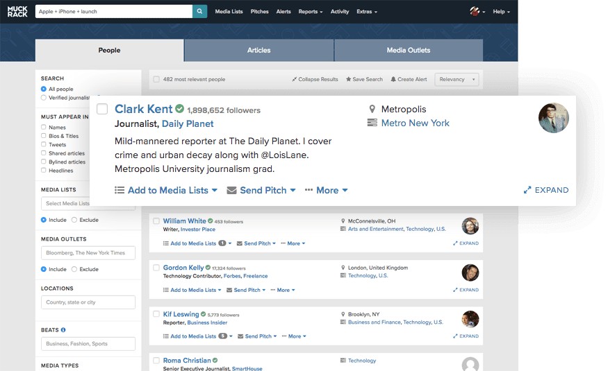 finding contact info for journalists on Muckrack dashboard