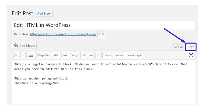 the classic editor in wordpress with the text button circled