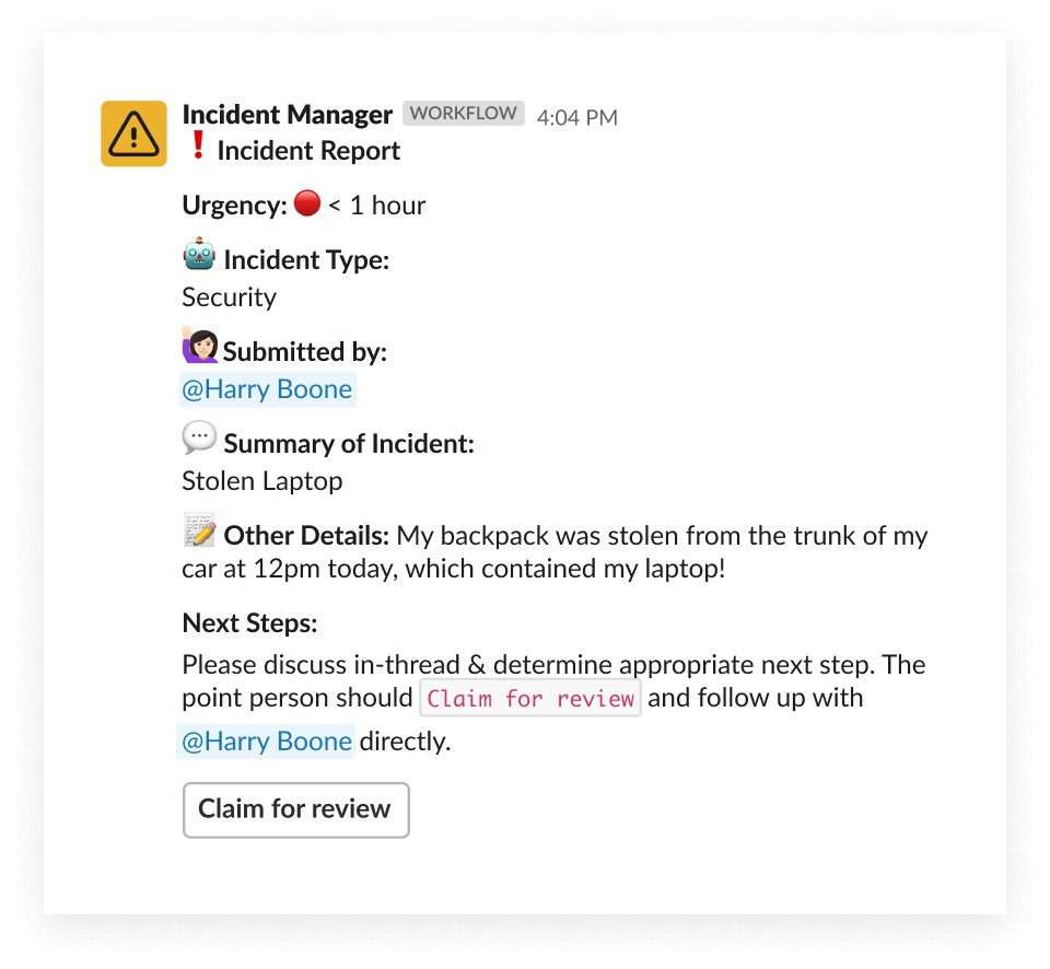 slack workflow builder incident report