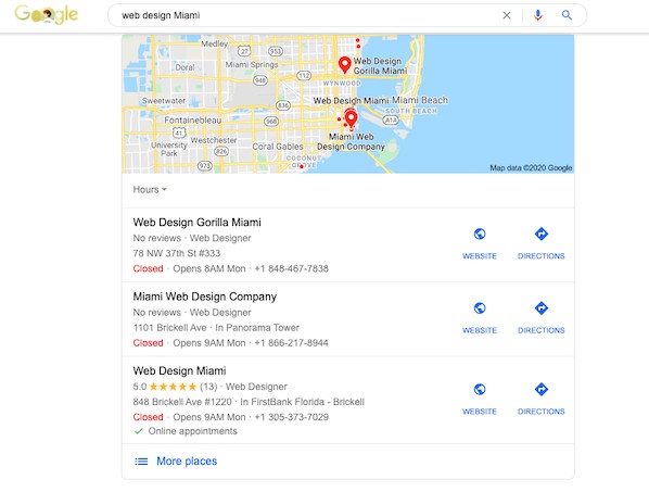 Google places snippet example in search