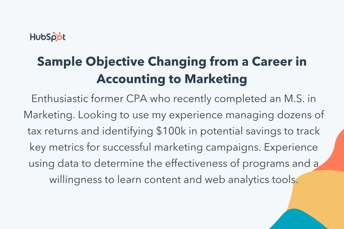 a sample career objective of a professional with an accounting background applying for a role in marketing
