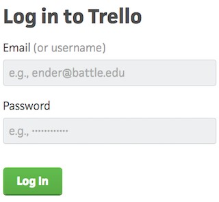 Clever copy on login page of Trello ender@battle.edu