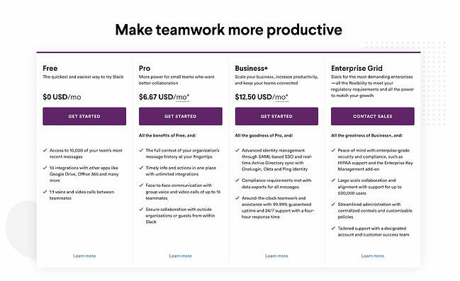 pricing page examples: slack