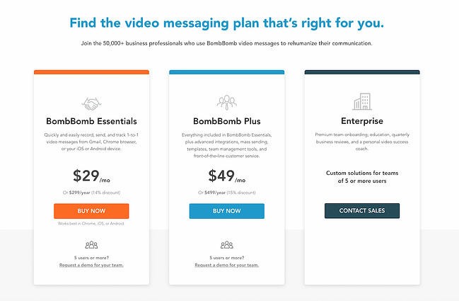 pricing page examples: bombbomb