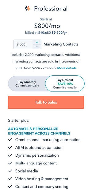 best pricing pages: hubspot marketing hub professional