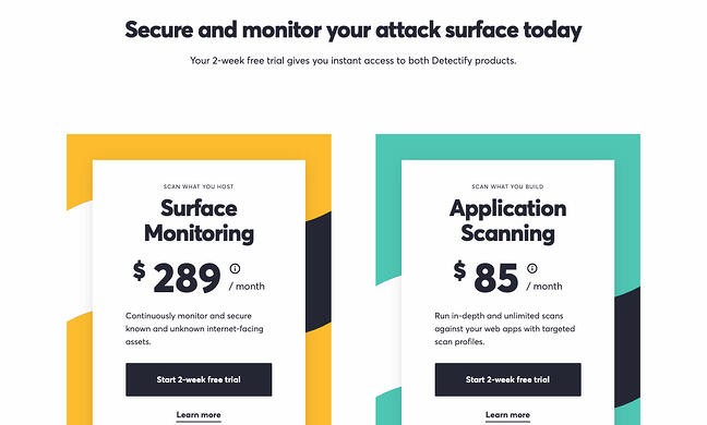 pricing page examples: detectify