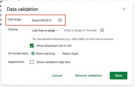 google sheets drop-down menu step 3: add your cell range