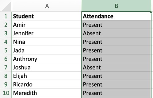 Selecting Column B which contains the attendance status (Present or Absent)