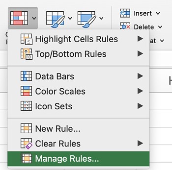 A screenshot of the "Manage Rules" option under the Conditional Formatting drop-down menu.