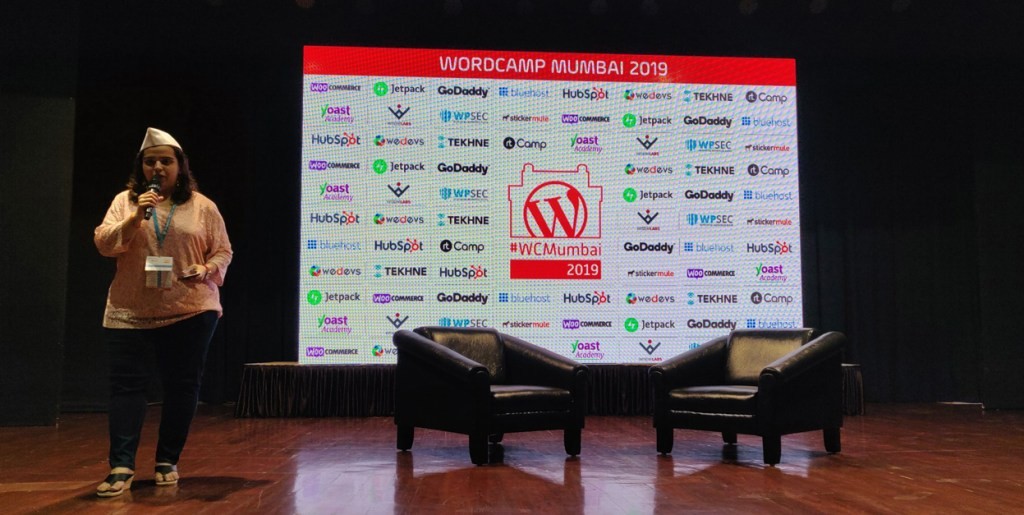 Meher speaking at WordCamp Mumbai 2019