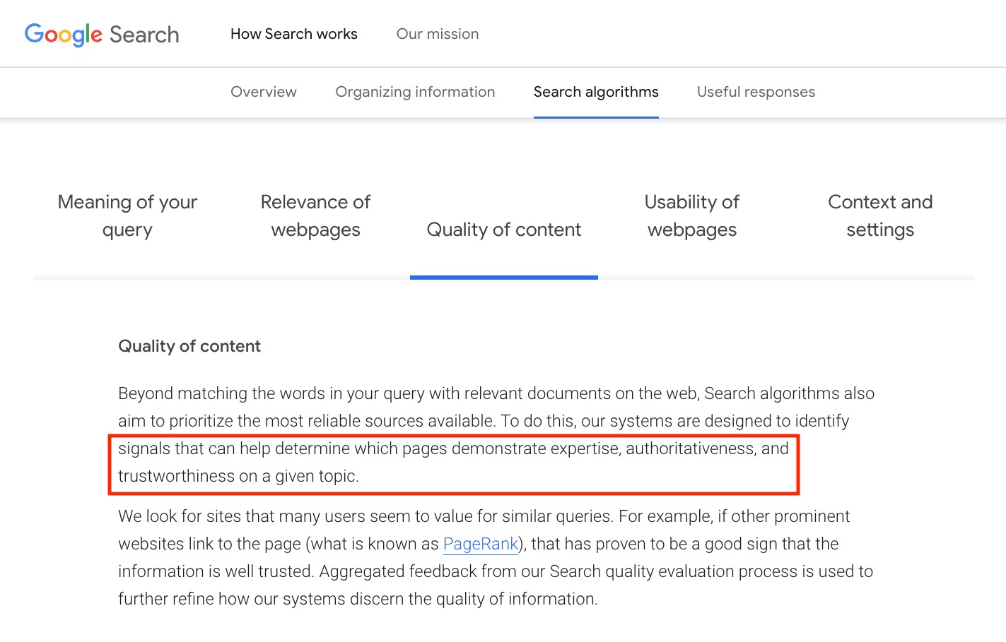 The details of Google ranking factors for content on the search engines results page