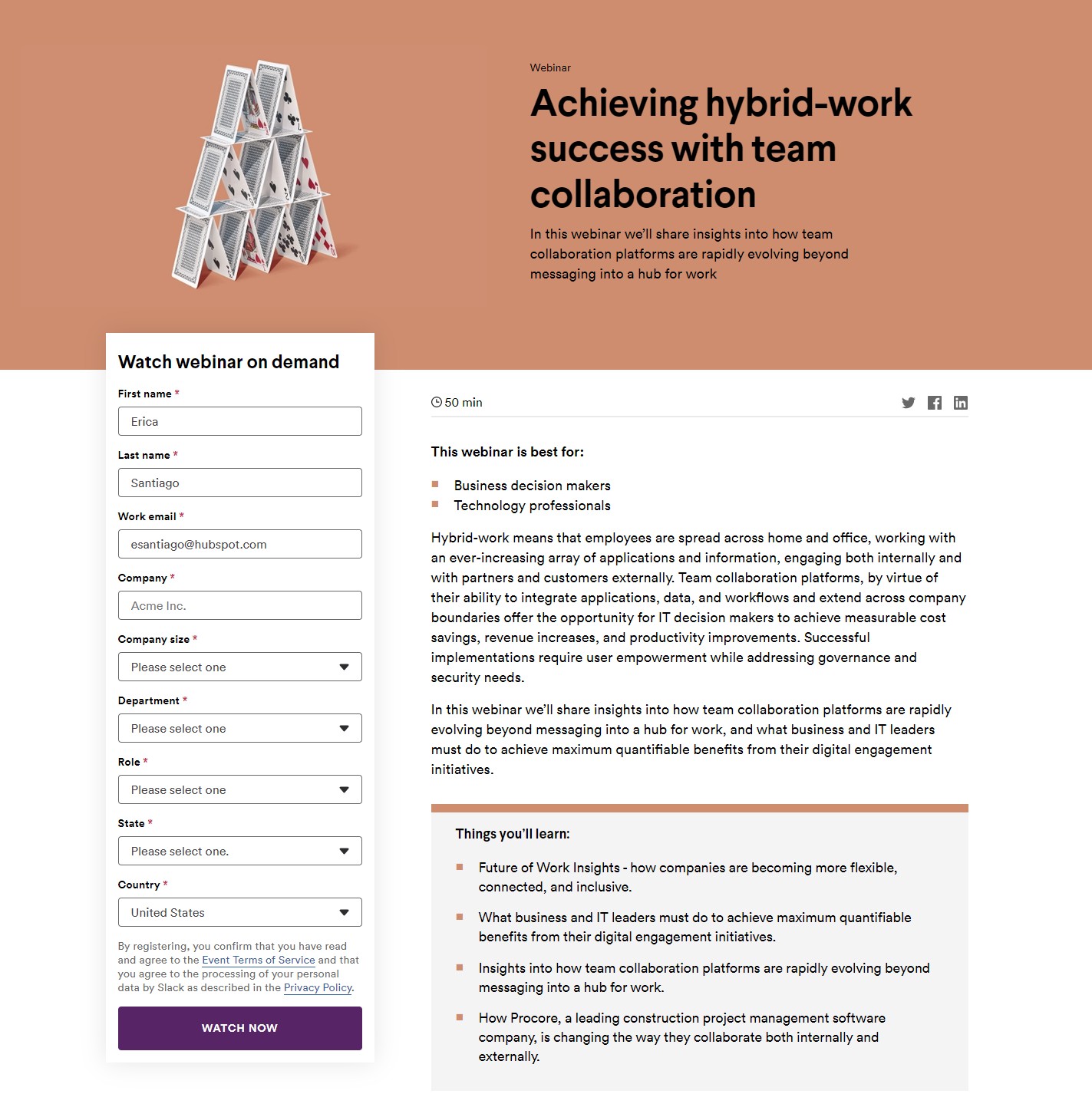 Webinar landing page example from Slack