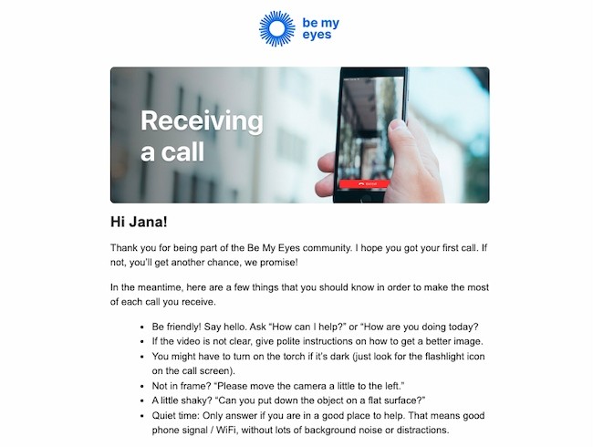 Email personalization example: Be My Eyes