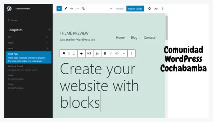 The theme preview screen in the WordPress Cochabamba meeting on creating your website with blocks.