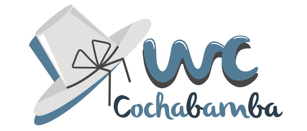 WordCamp Cochabamba's logo with blue and grey lettering and a hat