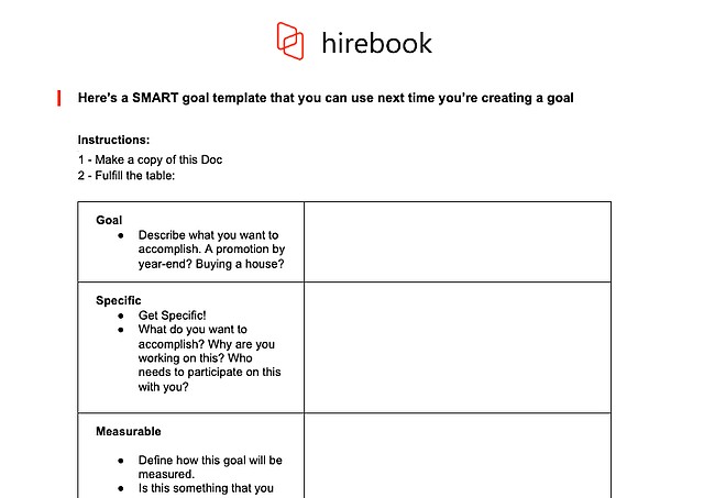 smart goal worksheet template: hirebook's smart goals template