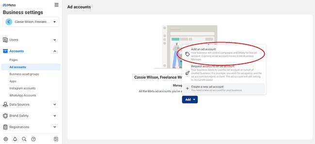 how to use facebook meta business manager: add an ad account