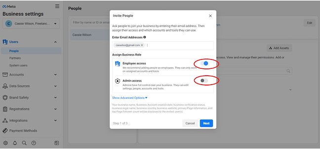 how to use facebook meta business manager: access toggles