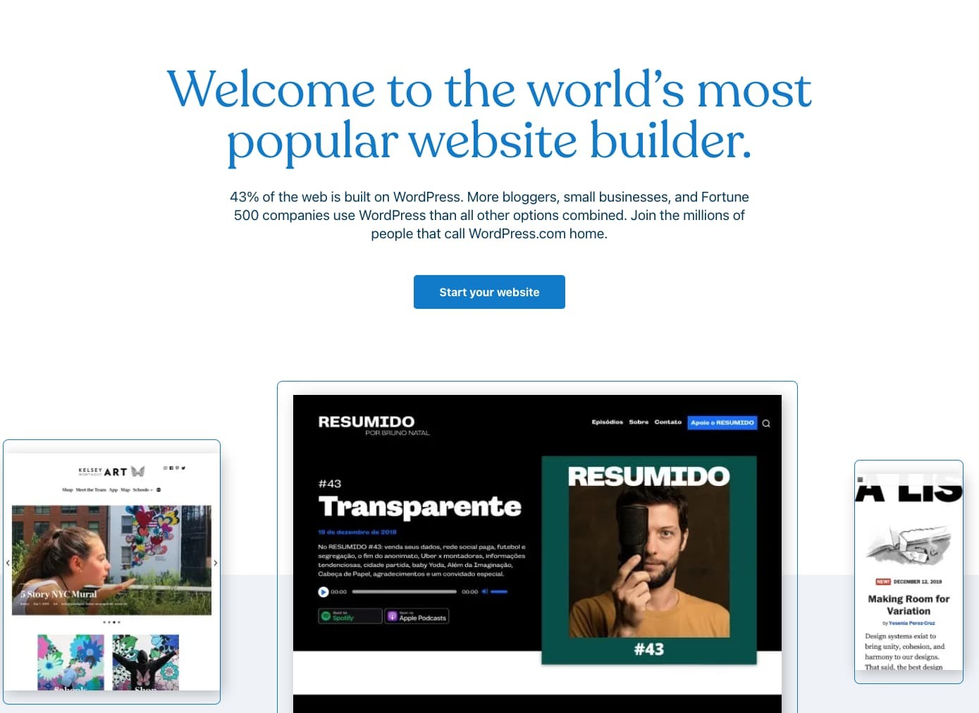 WordPress’s free website builder homepage.
