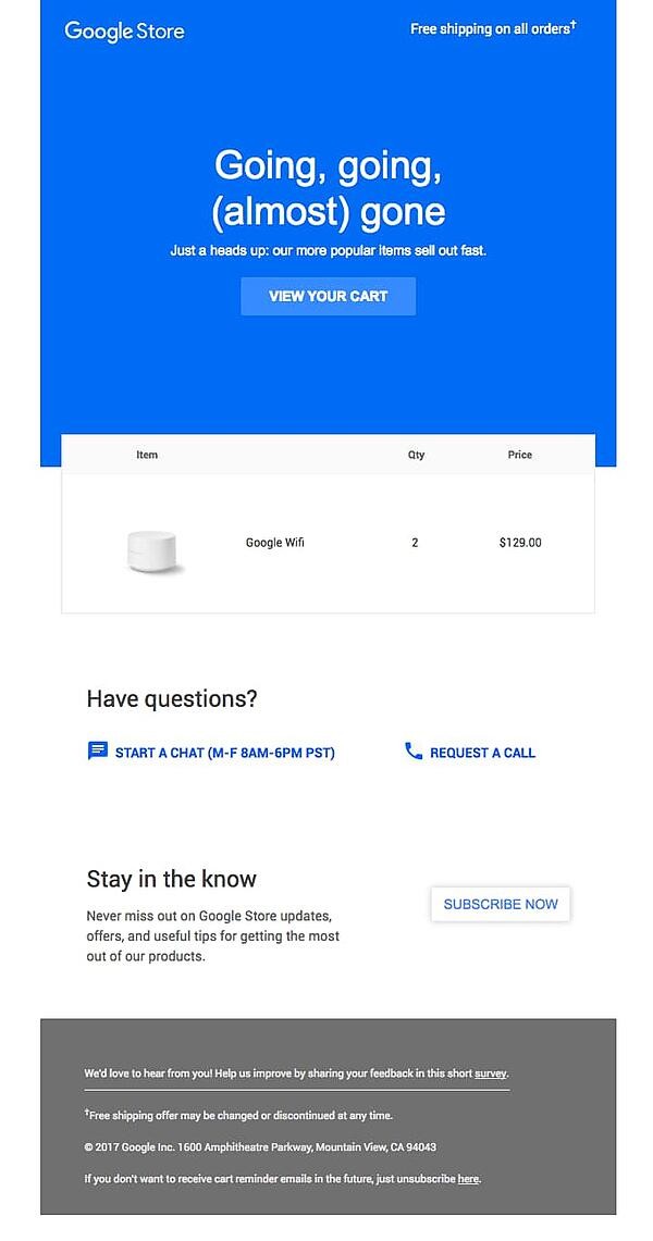 Google uses great copywriting in abandoned cart email.