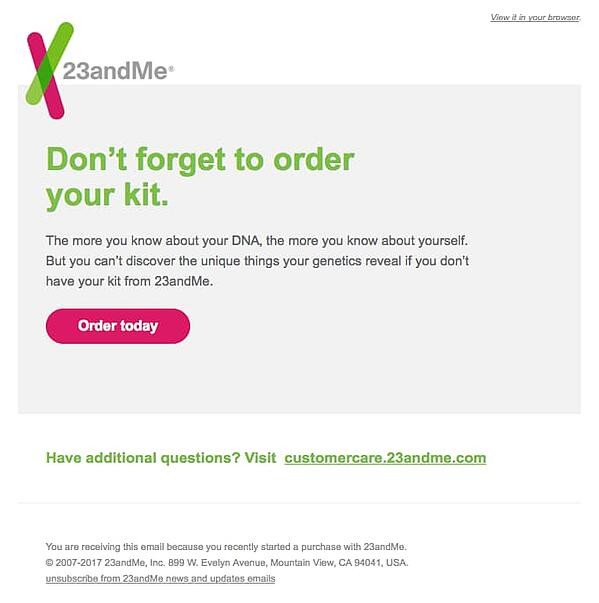 23andMe simple, concise abandoned cart email.