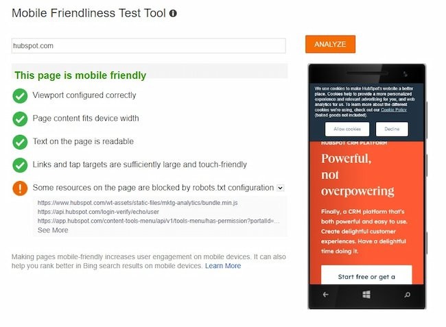 Bing mobile friendliness test results
