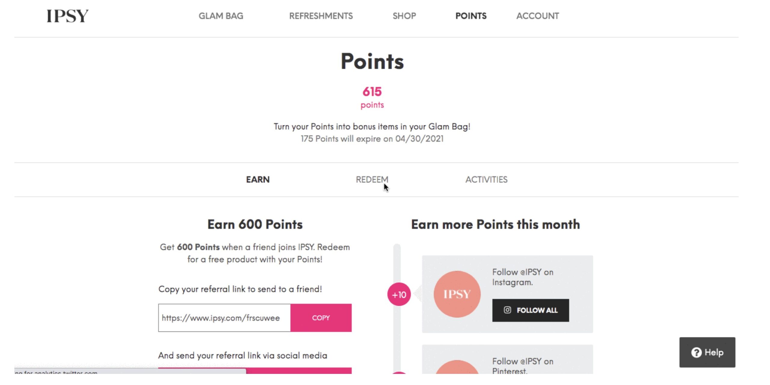 Screenshot of Ipsy's point system