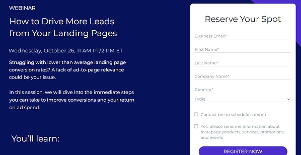 email capture, webinar lead magnet by Instapage along with a sign-up form