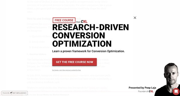 email capture, pop-up on the ConversionXL blog offering a free course on conversion optimization
