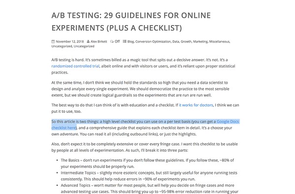 email capture, checklist lead magnet offered on a blog on A/B testing guidelines