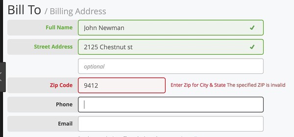 mobile form design showing an error flagged due to an incorrect zip code