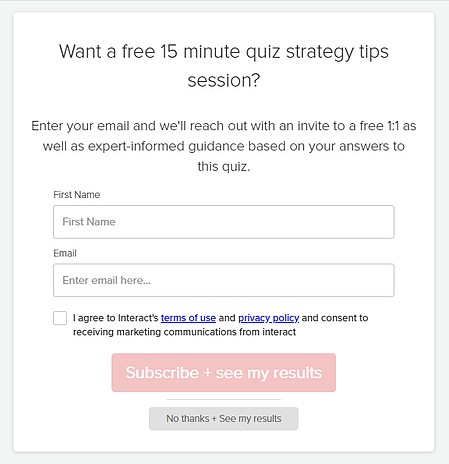 email capture sign-up form for a free quiz strategy session