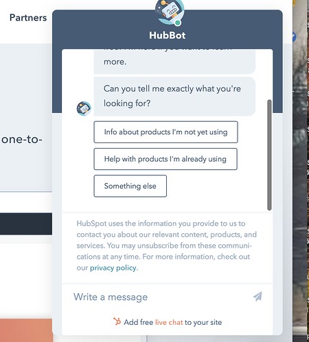 email capture tool, chatbot on the HubSpot website