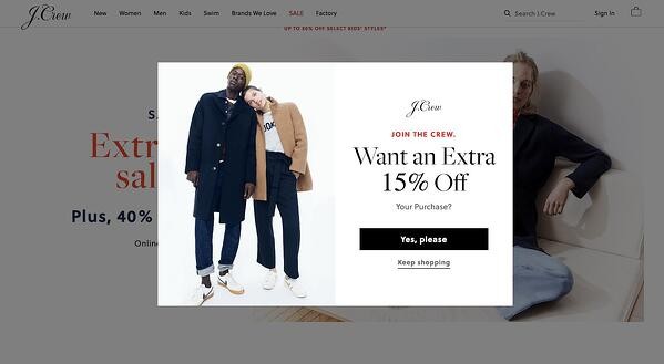 email capture, pop-up on the J.Crew website offering a 15% discount