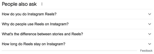 The “People Also Ask” search results for the term “Instagram Reels” on Google.